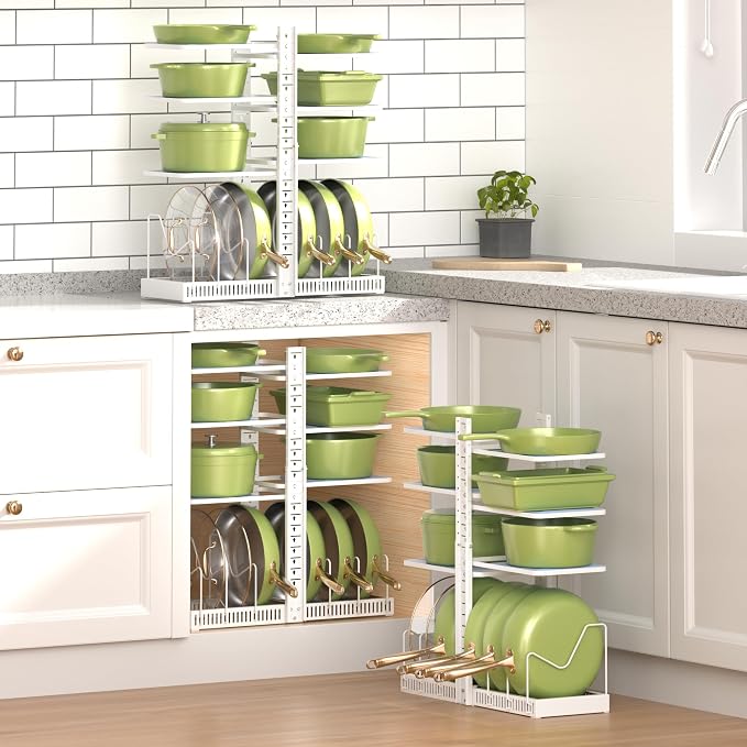 LAMU Pots and Pans Organizer under Cabinet, Pan Pot Organizers inside Cabinet with 6 Shelves and Pot Lid Organizer, Adjustable Height Up to 24", Holds up to 12 Pans, Lightweight Pots, White - Image 7