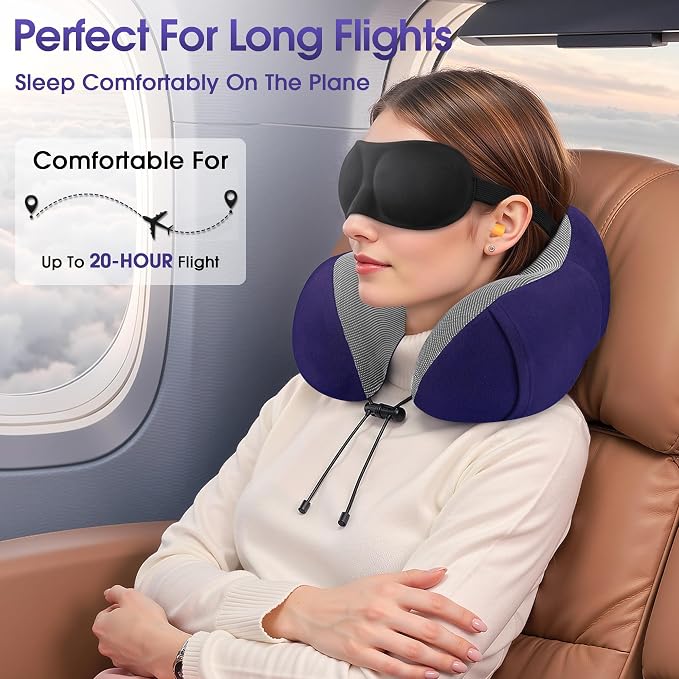 CloudBliss Memory Foam Travel Neck Pillow Airplane, 2 Pack, Black & Navy - Image 4