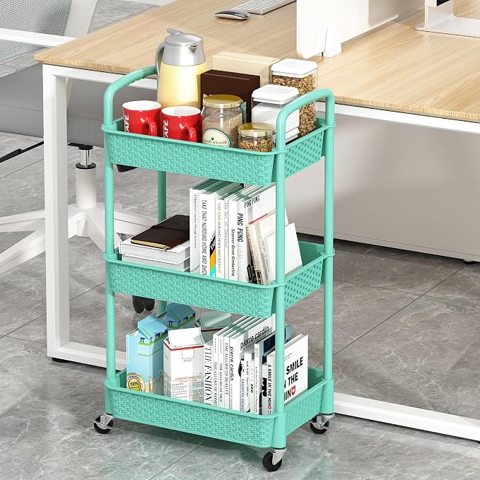 MOYIPIN 3-Tier Plastic Rolling Utility Cart with Handle,Turquoise | Utility Storage Cart for Office, Living Room, Kitchen,Movable Storage Organizer，Easy installation，Rattan-like art design - Image 4