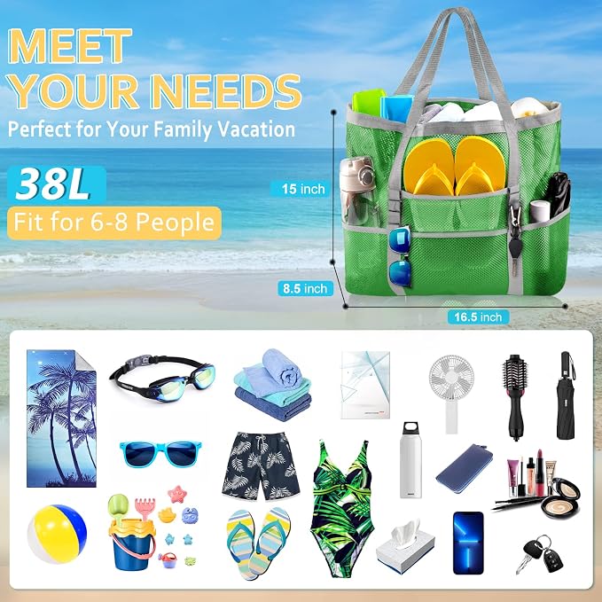 SRISE Mesh Beach Bag - Large Beach Tote Bag for Family Beach Bag for Toys & Vacation Essentials - Image 2