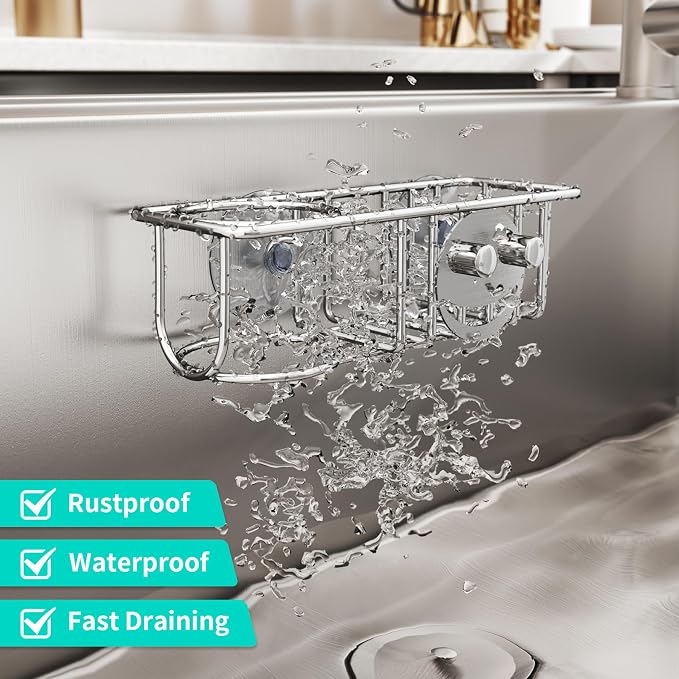 HapiRm Sink Caddy Sponge Holder - No Drill Kitchen Sink Organzier with Smiley Face Sponge Holder, Rustproof and Waterproof Kitchen Organizer - Silver - Image 3