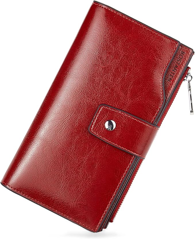 BOSTANTEN Womens Leather Wallet RFID Large Capacity Credit Card Holder | 20 Card Slots, Phone Holder, Zipper Coin Pocket, Clutch Wallet, Long Bifold, Ladies Gifts, Rose Red by BOSTANTEN