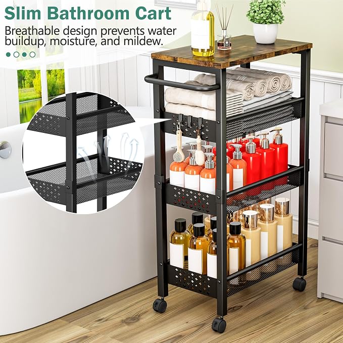 Vivihomety 4-Tier Laundry Utility Rolling Cart with Wheels, Metal | Narrow 8.1" wide, lockable wheels, wood top panel, metal frame, for laundry room, small spaces, pantry, tight gaps, Black - Image 3