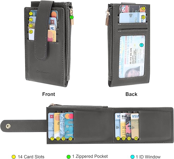 Chelmon Women's RFID Slim Card Holder Wallet | Thin Bifold Multi Card Case with Zipper Coin Pocket Purse for Women(Deep Grey) - Image 4