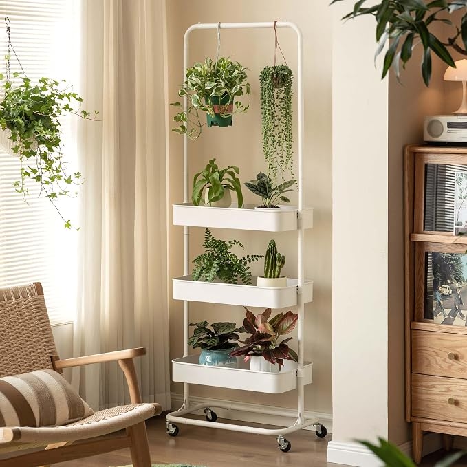 Tall 3 Tier Rolling Cart, Metal Storage Rack with Wheels for Indoor Spaces | Rust-resistant steel frame with adjustable tiers, locking wheels and 50 lbs shelves for flexible indoor organization. - Image 7