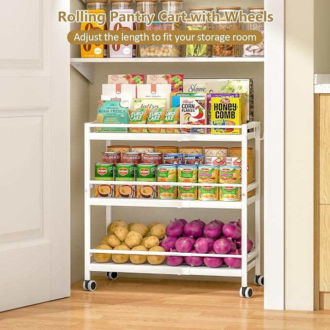 3-Tier Expandable Rolling Pantry Organizers and Storage Cart with Wheels, Adjustable Pantry Floor Organizer, Snack Cart for Pantry, Kitchen Storage Cart with 4 Hooks for Snack, Food, Vegetables, White - Image 5