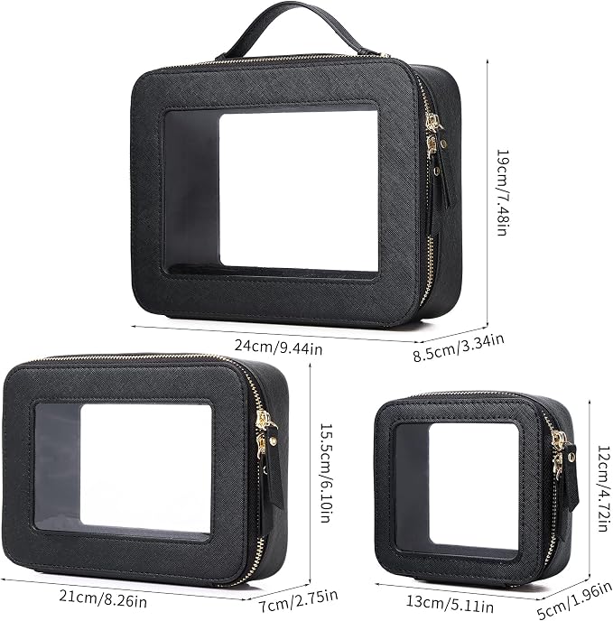 Pinkmik Clear Makeup Bag, (Black, L+M+MINI) | Waterproof, Travel Case for Cosmetics and Toiletries, Women's Purse Organizer, Clear Car Bag with Zipper - Image 5