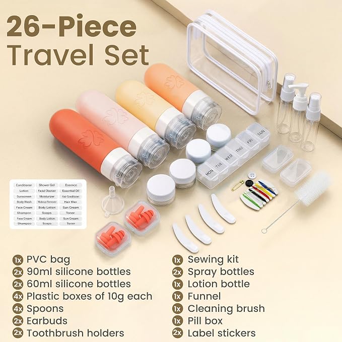 26-Piece TSA Approved Travel Toiletry Kit, Leak-Proof Silicone Refillable Bottles for Shampoo, Conditioner & Lotion, Travel Size Containers with Pill Organizer, Spray Bottle & Sewing Kit - Image 2