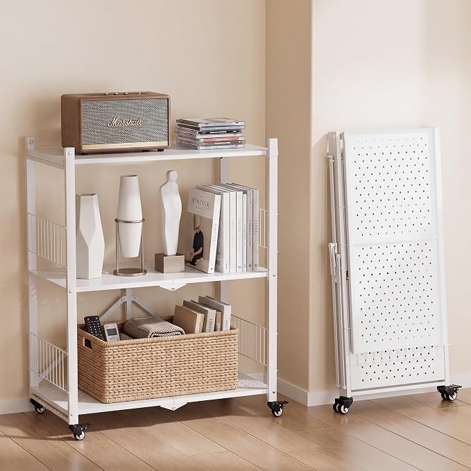Folding Storage Shelves No Assembly, 3 Tier Foldable Shelves with Wheels, Collapsible Rolling Storage Rack for Pantry Laundry Room Small Spaces, White by Unknown