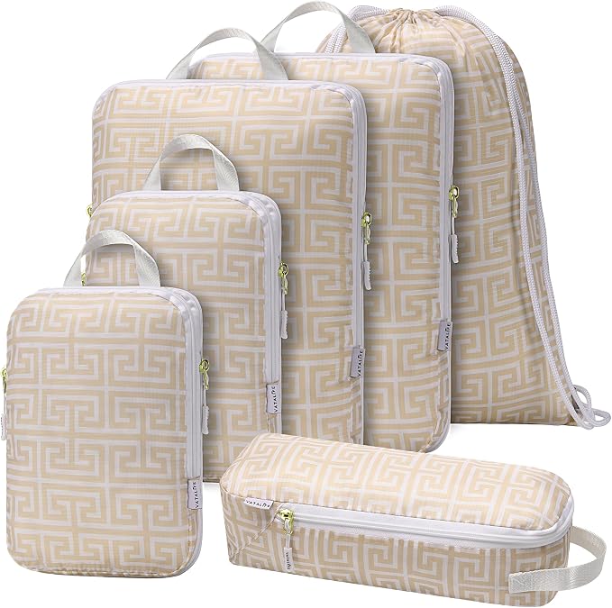 Compression Packing Cubes for Travel 6PC Set - Suitcase Organizer & Space Saver Bags for Carry On Luggage with Drawstring Backpack Beige Boho - Image 9