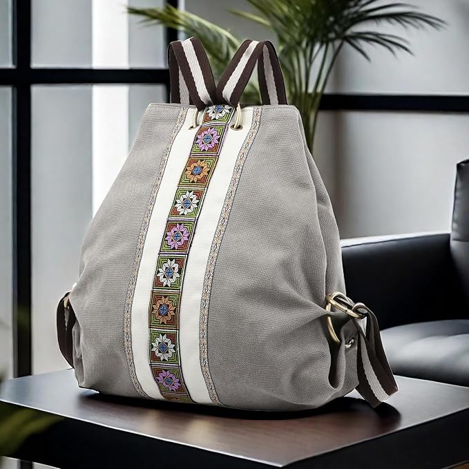 Goodhan Women Canvas Backpack Daypack Casual Shoulder Bag, Vintage Heavy-duty Anti-theft Travel Backpack, Light Grey - Image 2