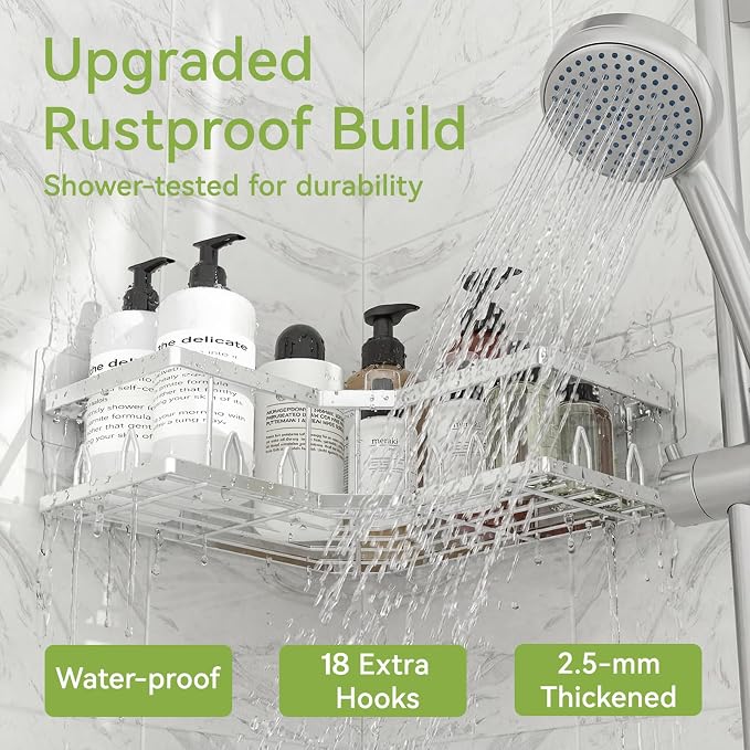 Shower Shelf Corner, Adhesive Shower Caddy Rustproof, Shower Shelves Corner with Soap Holder, No Drilling Shower Corner Organizer for Dorm, Renters Bathroom, Silver, 3 Pack - Image 3