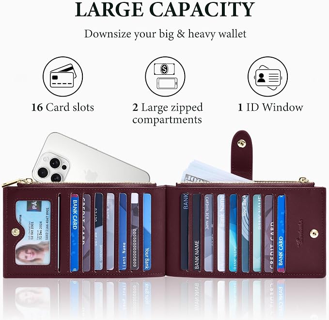 Travelambo Womens Leather Bifold Wallet, Slim RFID Blocking Card Holder | Large Capacity, 16 Card Slots & ID Window, 2 Zipper Pockets, Dual Snap Closure, Slim Lightweight, RFID Privacy Protection - Image 5