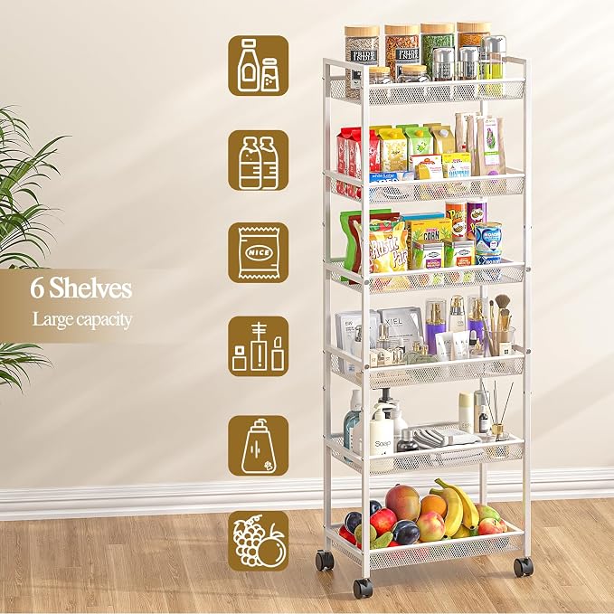6 Tier Slim Rolling Storage Cart, Narrow Mobile Shelving Unit Organizer Utility Cart with Wheels, Metal Wire Storage Rack with Baskets for Kitchen, Bathroom, Laundry & Living Room, 10in(W) White - Image 7
