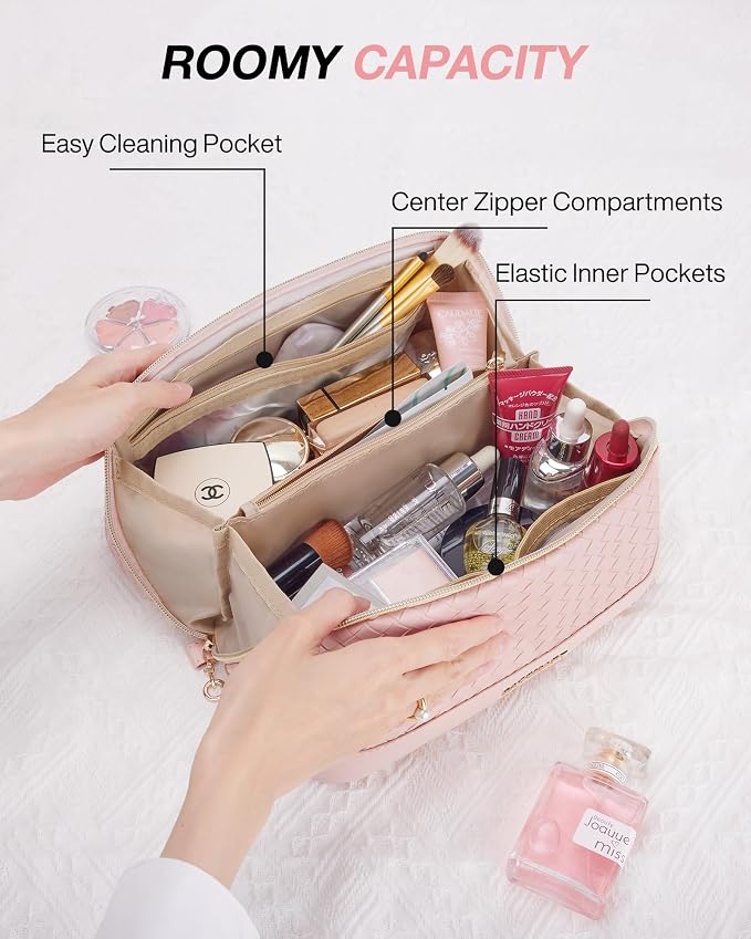 BAGSMART Makeup Bag, Travel Cosmetic Bag Organizer, PU Leather Water-Resistant Pouch, Open Flat Makeup Storage for Toiletries, Brushes, PU Leather Pink - Image 3