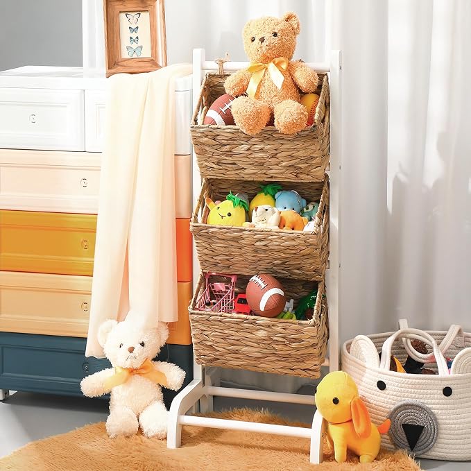 Wicker 3 Tier Foldable Storage Basket Floor Rack with Market Storage Basket Water Hyacinth Storage Rack Hand Woven Laundry Rack for Bathroom Kitchen Laundry Room Living Room Storage(White) - Image 6