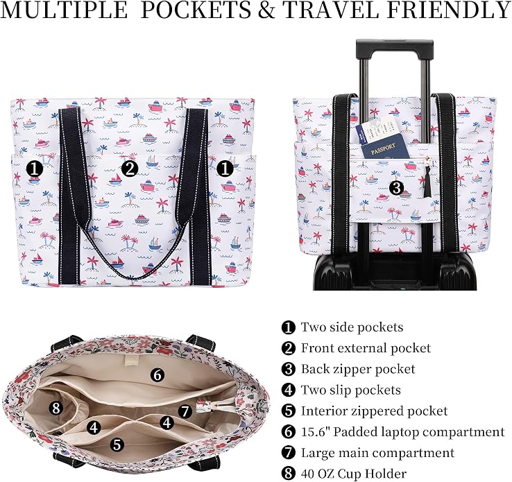 Tote Bag for Women with Laptop Compartment & Cup Holder,Nylon Bag for Work,Travel,Gym,Beach,Teacher,Nurse,School,Mom - Image 4