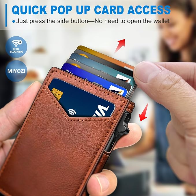 Wallet for Men, Slim Pop Up Card Holder - RFID Blocking Minimalist Bifold Wallet with ID Window, Holds 9-11 Cards & Stretchable Strap, Metal Flip Case with Magnetic Closure, Gift Box - Image 4
