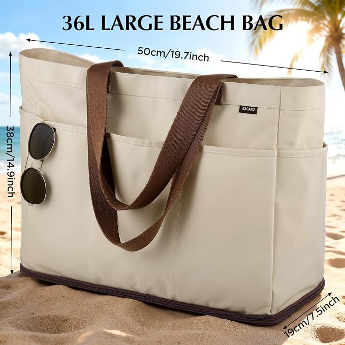 GAGAKU XL Beach Bag with Zipper & Cooler Pockets | Sand-Proof Foldable Large Tote Bag for Cruise, Travel, Family, Women - Image 6