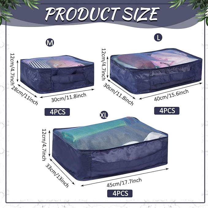 Silkfly 12 Pcs Packing Cubes for Suitcase Travel Luggage Bags Bulk Mesh Organizer Set for Hiking Camping Backpacking Clothes Accessories (Navy Blue,XL, L, M Size) - Image 2