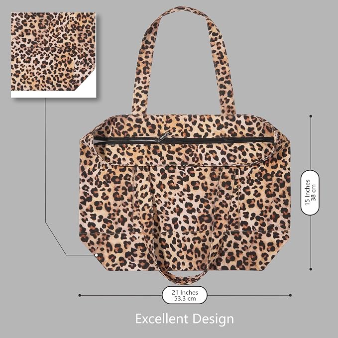 TOPDesign 1-Pack Canvas Tote Bag with an External Pocket, Reusable Grocery Shopping Bag, Top Zipper Closure, Daily Essentials (Leopard) - Image 5