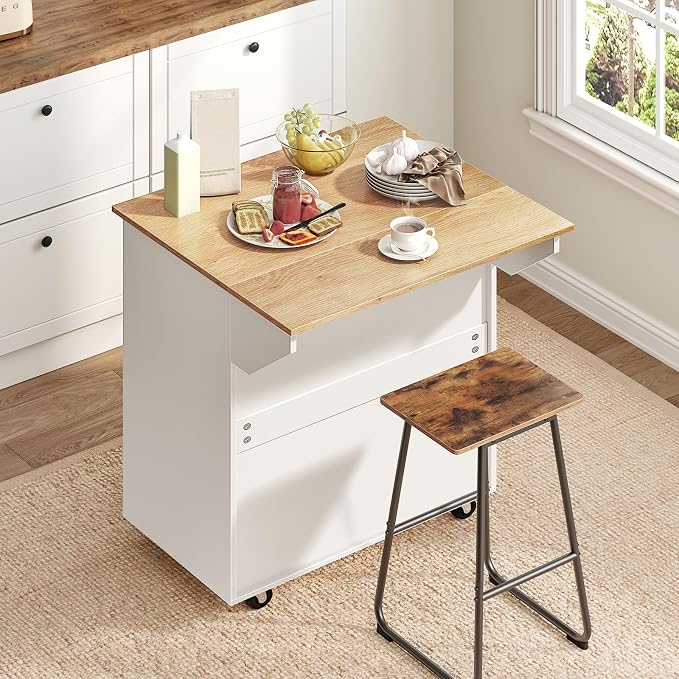 MAHANCRIS Kitchen Island on Wheels with Drop Leaf, Folding Countertop Kitchen Island Cart, Kitchen Island Table with Towel Rack, Drawer, for Kitchen, Dining Room, White and Natural KINW12501 - Image 6