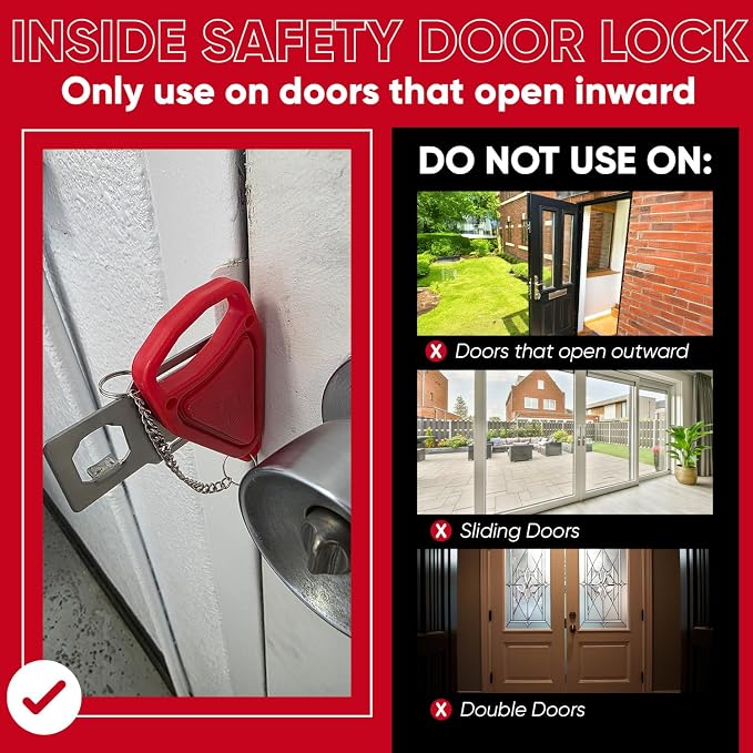 Portable Door Lock Extra Security Essential Safety & Privacy Travel Lockdown, Prevent Entry Stopper, Protect Family While Traveling Home Bedroom Hotel Apartment College (2 Pack (Red and Black)) - Image 3