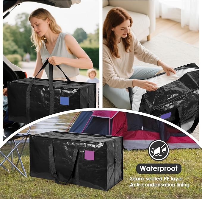 6 Pack Moving Bags with Full-Open Side Zipper, Extra Large 93L Heavy Duty Waterproof Foldable Storage Totes for College Dorm, Moving & Home Organization Black - Image 8