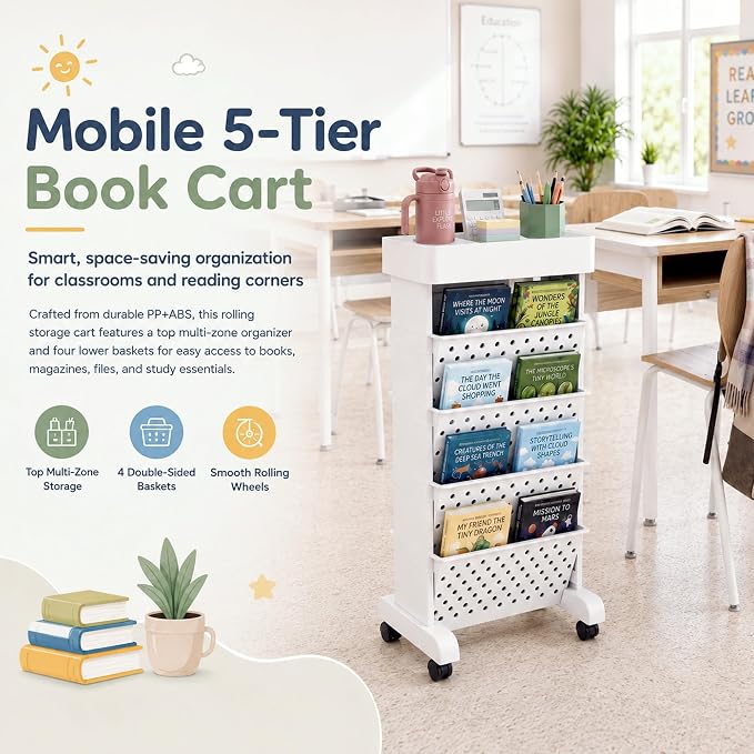 5-Tier Rolling Bookshelf Cart with Wheels, White | Slim Mobile Book Cart, Plastic Magazine Rack Rolling File Paper Organizer for Home Office Study Classroom Living Room - Image 2