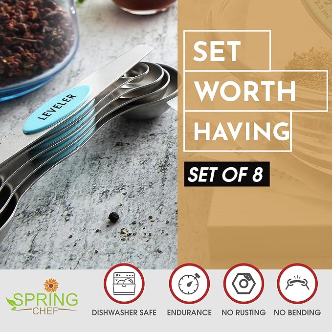 Spring Chef Stainless Steel Magnetic Measuring Spoons Set of 8, Aqua Sky | Nesting Metal Teaspoon & Tablespoon Measuring Spoons with Leveler for Dry & Liquid Ingredients, Dual Sided, Dishwasher Safe - Image 2