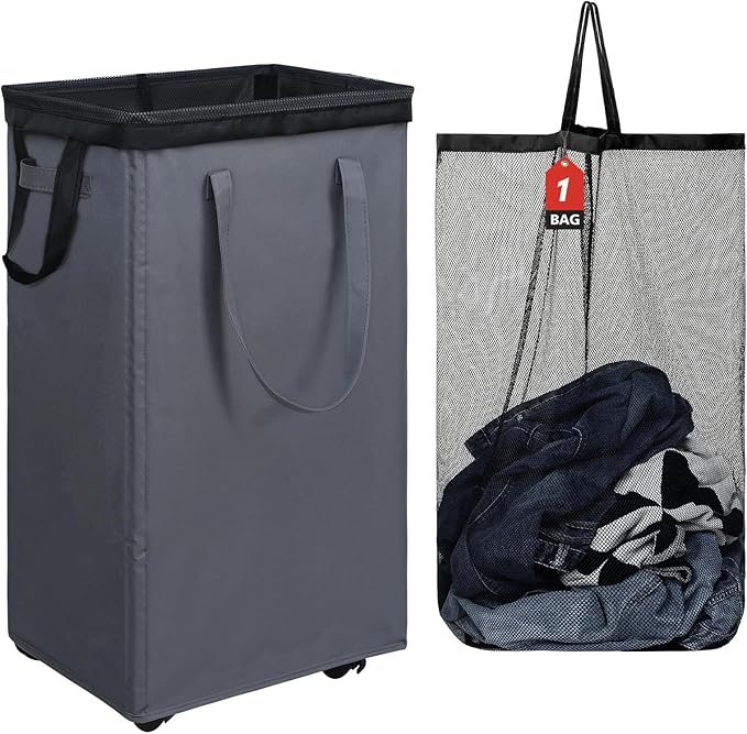 DOKEHOM 90L X-Large Rolling Laundry Basket Hamper on Wheels, Grey | Collapsible clothes hamper with removable mesh wash bag. High-capacity foldable washing bin organizer by DOKEHOM