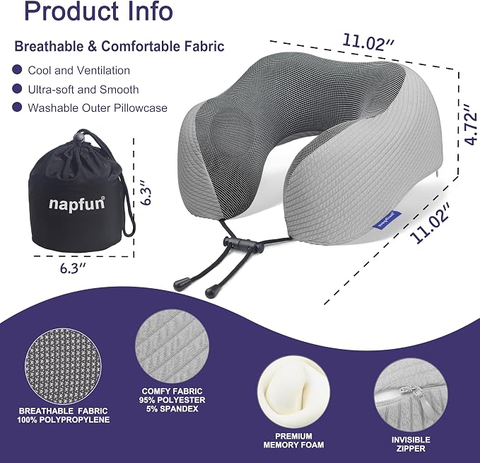 napfun Neck Pillow for Travel, Memory Foam Airplane Pillow, Mist Gray | 360° Neck Support, Upgraded 100% Memory Foam for Airplane, Car, Train, Bus, Office Sleep, Travel Essentials for Long Flights - Image 2
