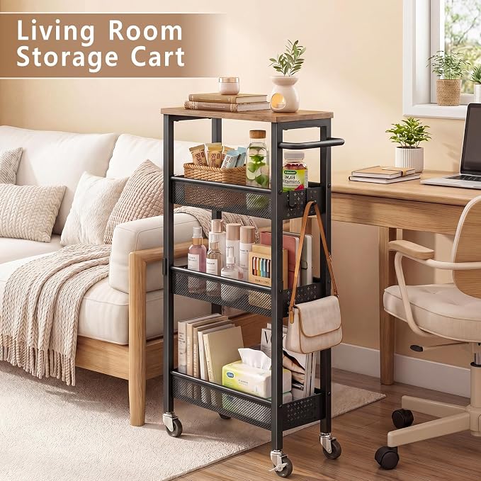 Slim Storage Cart with Wheels, 4 Tier Metal Rolling Organizer with Wood Top and Handle, Narrow Utility Shelf for Kitchen Bathroom Laundry Room, Black - Image 8