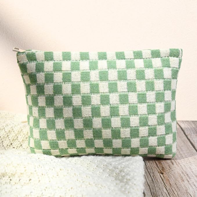 SOIDRAM 2 Pcs Checkered Makeup Bag Large Cosmetic Bag Toiletry Bag Makeup Pouch Travel Bag Organizer Cute Makeup Brushes Aesthetic Accessories Storage Bag for Women Green - Image 3