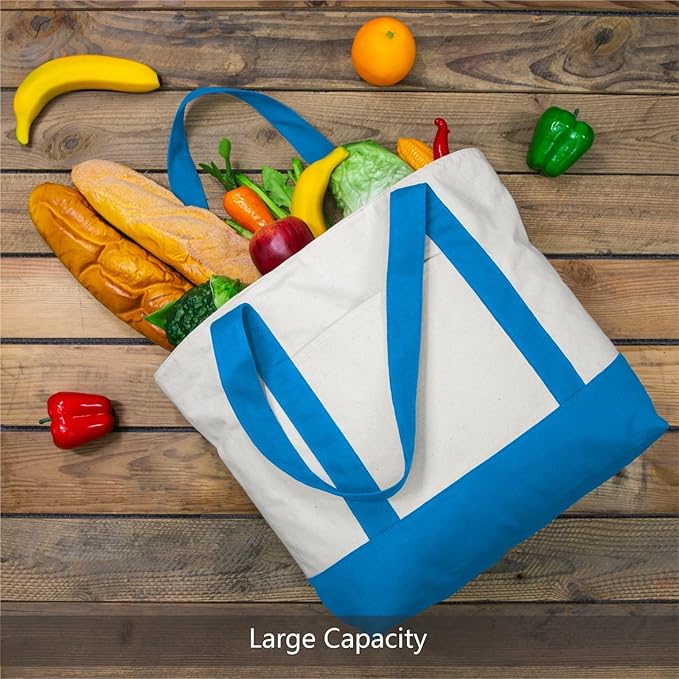 TOPDesign 3-Pack Canvas Tote Bags with an External Pocket, Reusable Grocery Shopping Bags, Top Zipper Closure, Daily Essentials (Ocean Blue/Natural) - Image 4