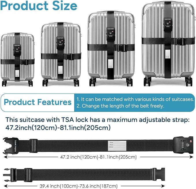 Travel Inspira Anti-Theft Suitcase Belt with TSA Lock | Heavy-Duty Nylon; TSA-Approved Lock with Tag; Adjustable 103-200cm; Secure Black Strap; 20-28 Inch Bags - Image 5