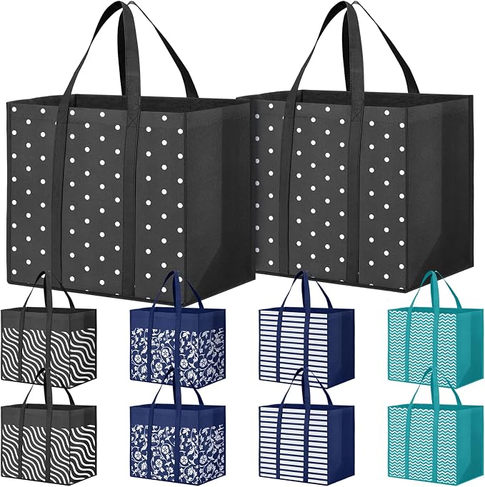 10 Pack Reusable Grocery Bags Waterproof Tote Bags for Shopping Groceries | 35L Large Capacity, Heavy-Duty, Waterproof, Lightweight, Foldable Tote with Sturdy Handles, Polka Dot Design by Fabtotes