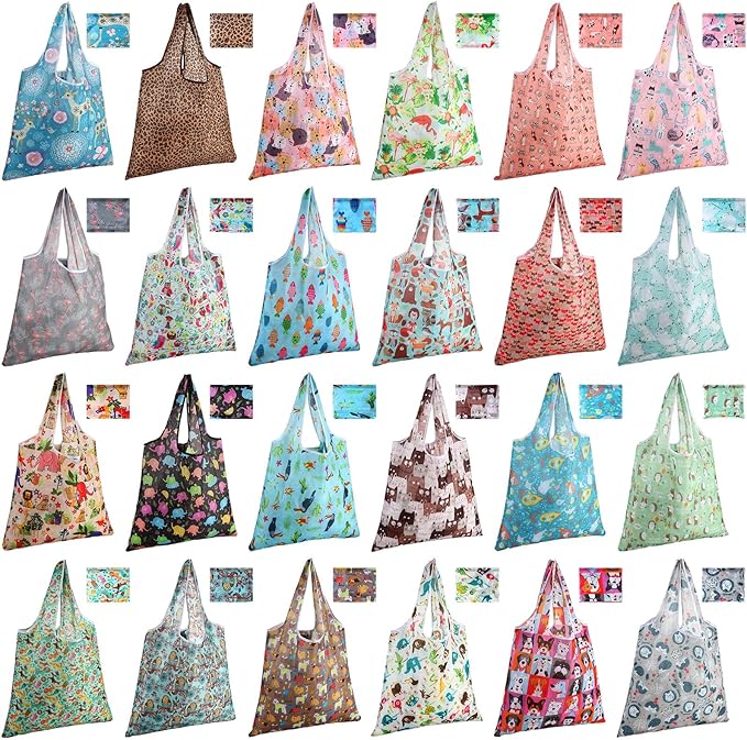 Eccliy 24 Pieces Reusable Grocery Bags Polyester Shopping Bags for Groceries Multi Colors Reusable Foldable Shopping Tote(Animal Style) by Eccliy