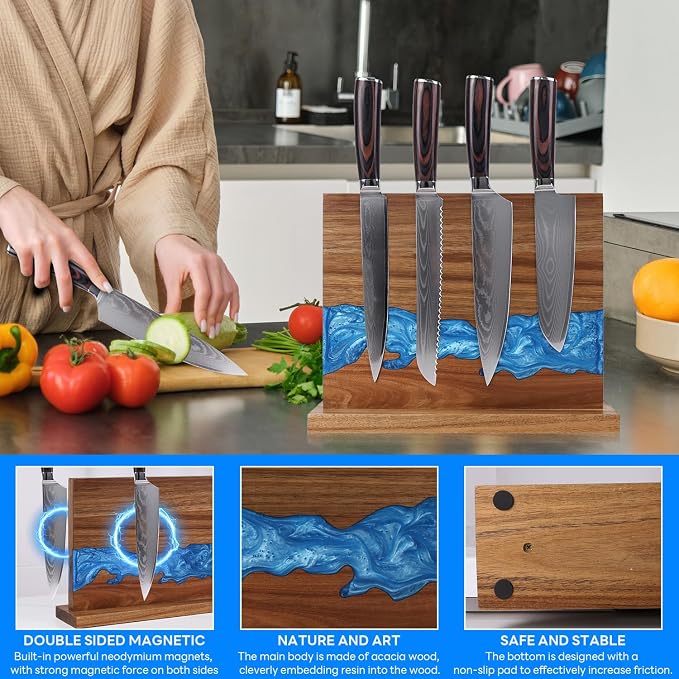 Magnetic Knife Block | Double Sided Magnetic Knife Holder | Acacia Wood Magnetic Knife Rack | Magnetic Knife Storage Stand for Kitchen Counter, Blue Resin River, 12.59×9.84IN (No Knife) - Image 8