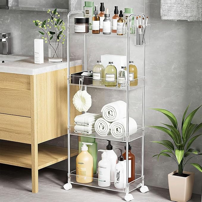 SPACEKEEPER Acrylic Storage Rolling Cart, 4 Tier Bathroom Cart Organizer | Clear Utility Cart for Laundry Room,Kitchen,Office,Bathroom, Transparency Storage Cart for Snack,Craft,Art,Makeup,Nail,Toys - Image 6