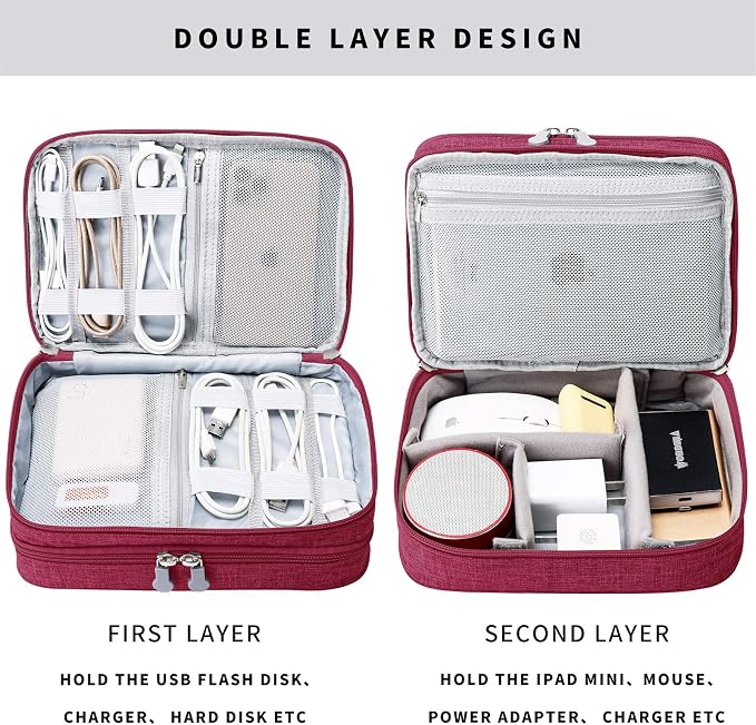 Lanola Travel Cable Organizer Bag, Electronic Accessories Case Portable Double Layer Cable Storage Bag for Cord, Charger, Flash Drive, Phone, SD Card,Personal Items - (Red) - Image 3