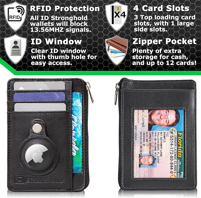 ID Stronghold RFID Blocking Front Pocket Wallet – Slim Minimalist Genuine Leather Wallet with Zipper Coin Pocket (Airtag Black) - Image 3