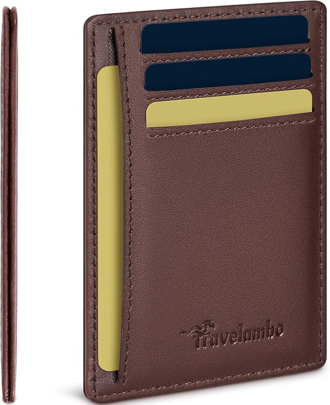 Travelambo 100% Genuine Leather Wallet for Men and Women, Slim Minimalist RFID Blocking Front Pocket Credit Card Holder with Gift Box(Brown 01) by Travelambo