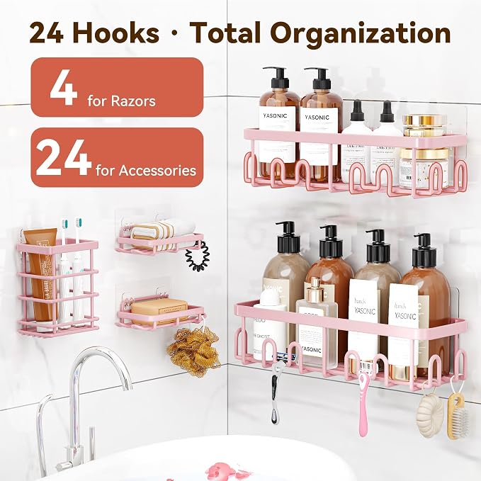 Shower Caddy Adhesive, Rustproof Shower Organizer, Wall Shower Rack | Large Capacity Shower Shelves for Inside Shower, Shampoo Shower Holder, Pink, 2 Caddies, 2 Soap Dishes, 1 Toothbrush Holder - Image 2