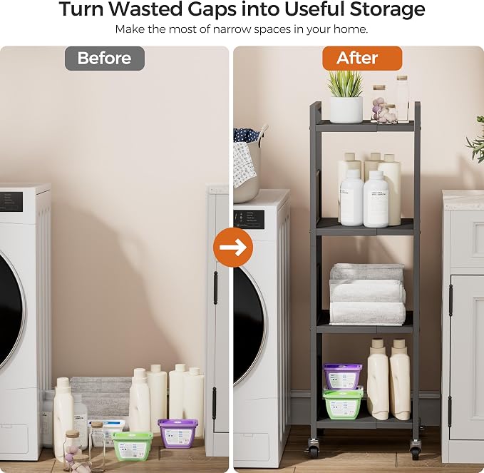 4-Tier Expandable Storage Shelving Unit,Slim Storage Cart,Metal | Adjustable Width 8.3" to 12.6", Bathroom Shelves, Narrow Shelf,Rolling Utility Cart, for Laundry, Bathroom,Small Spaces Black - Image 7