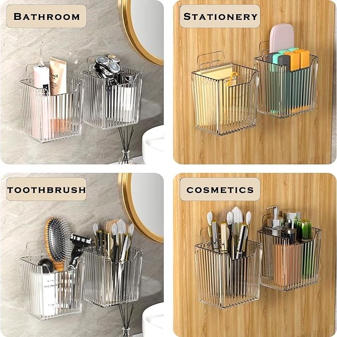 4 Pack Acrylic Wall Mount Organizer, Adhesive Cabinet Door Storage Bins, Clear Makeup Containers, Stackable Organizer Basket for Kitchen, Bathroom, Cabinet, Pantry, Office - Image 5