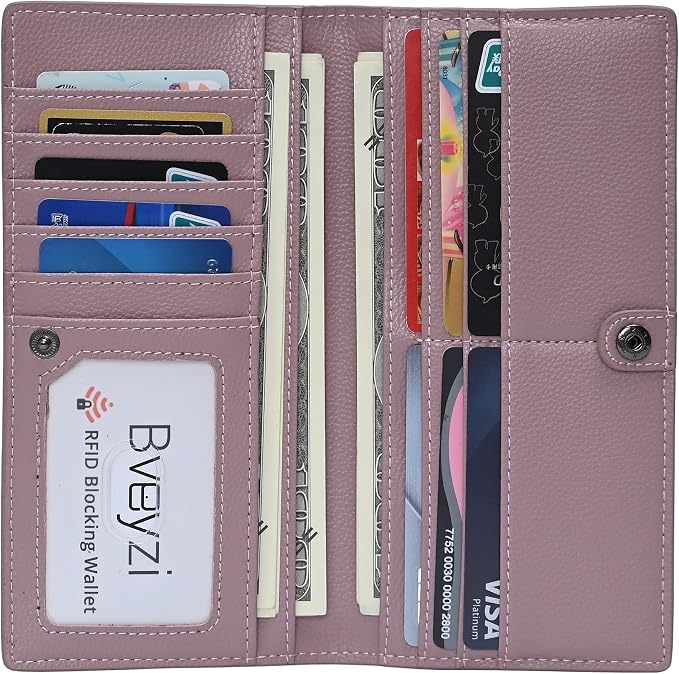 Bveyzi Ultra Slim Thin Leather RFID Blocking Credit Card Holder Bifold Clutch Wallets for Women - Image 2