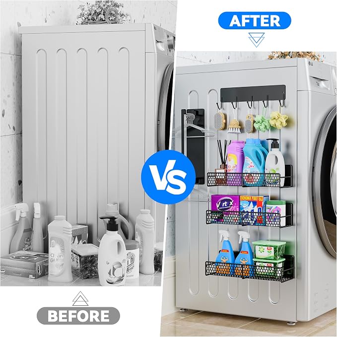 5 Pack Multifunctional Magnetic Shelves for Washing Machine & Refrigerator - Heavy Duty Laundry Room Organization System with Tool Hooks, Metal Storage Baskets (Black) - Image 3