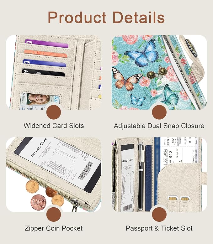 Butterfly Wallet Women RFID, Passport Holder, Credit Card Holder | 6.7" x 4.4" x 1.3" Bifold, Travel billfold, Zipper Pocket, PU Leather, Clutch, Purse, ID Window, Pen Holder, Gift Ladies Girl - Image 6
