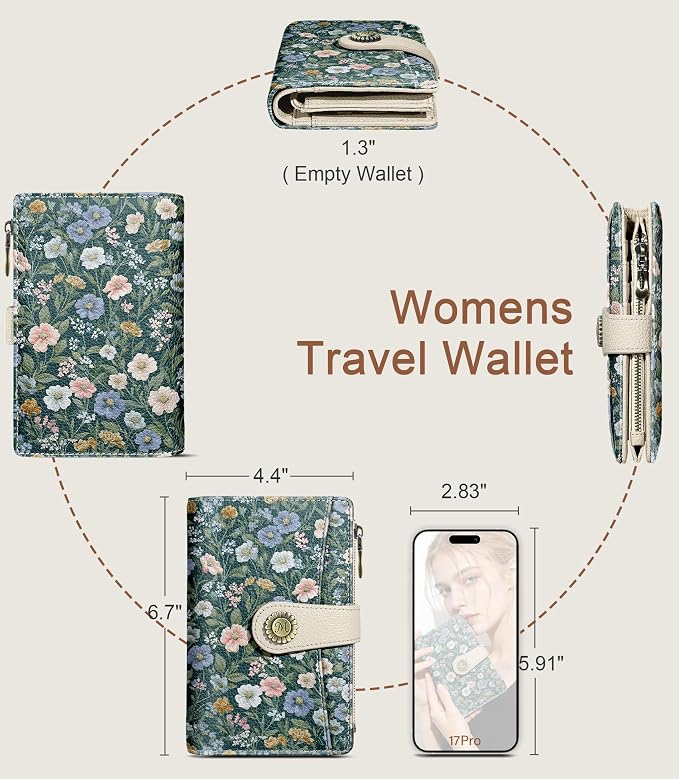 Flower Wallet Women RFID Bifold Passport Holder Credit Card Holder | 6.7" x 4.4" x 1.3" Travel billfold, Zipper Coin Pocket, PU Leather Clutch, Purse, ID Window, Pen Holder, Gift for Ladies Girl - Image 5